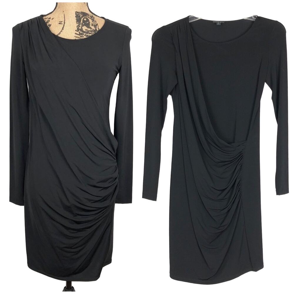 Lafayette 148 New York Black Faux Wrap Dress Long Sleeve Size S Stretchy Ruched